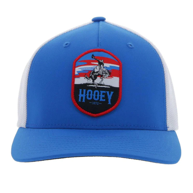 Front of Hooey Cheyenne 5-Panel Flexfit Cap with Patch, Blue/White
