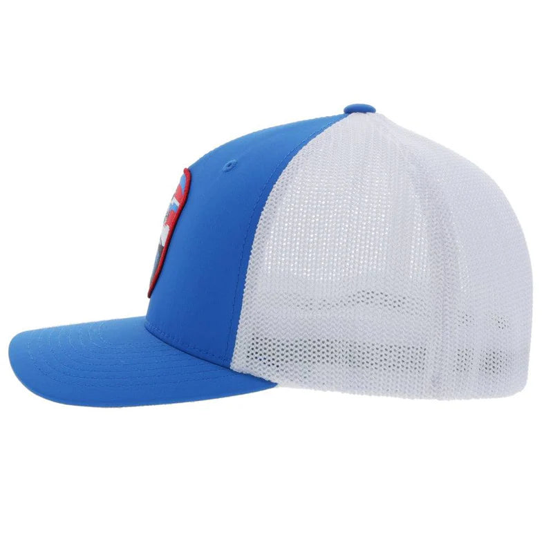 Side of Hooey Cheyenne 5-Panel Flexfit Cap with Patch, Blue/White