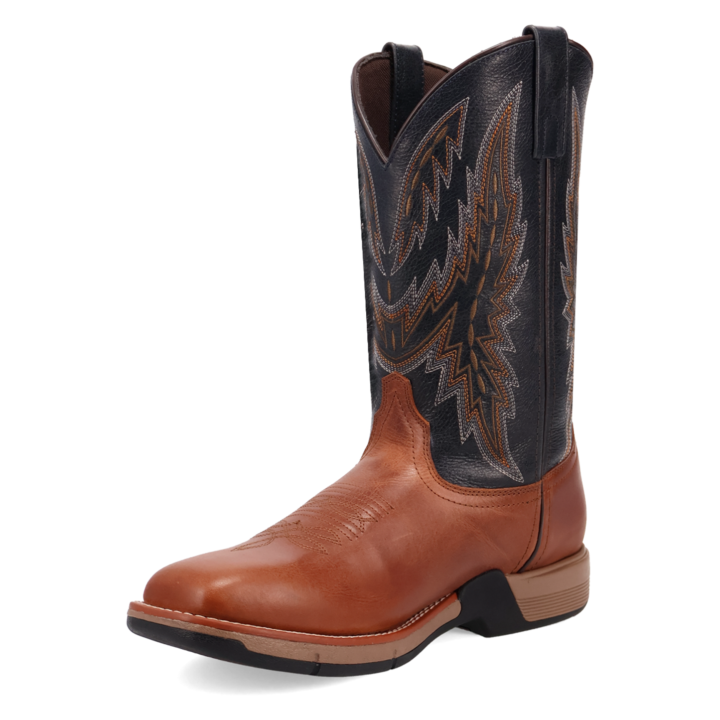 Front angled view of Laredo Men's Vapor Square Toe Mid Calf Western Boot, Cognac/Black