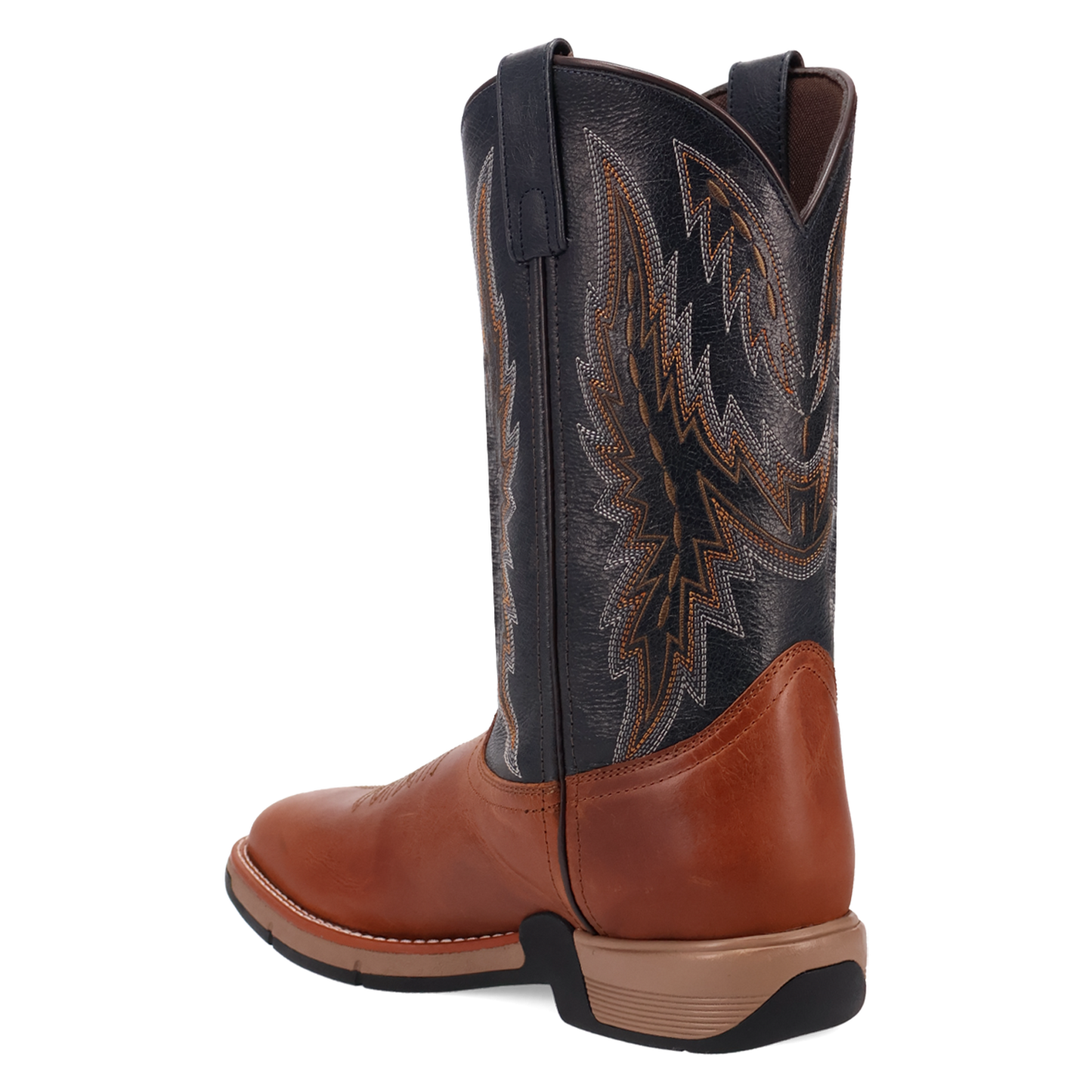Back angled view of Laredo Men's Vapor Square Toe Mid Calf Western Boot, Cognac/Black