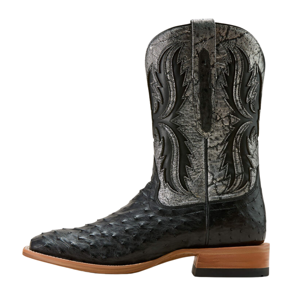 Side view of Ariat Men's Drifter Wide Square Toe Cowboy Boot, Black Full Quill Ostrich