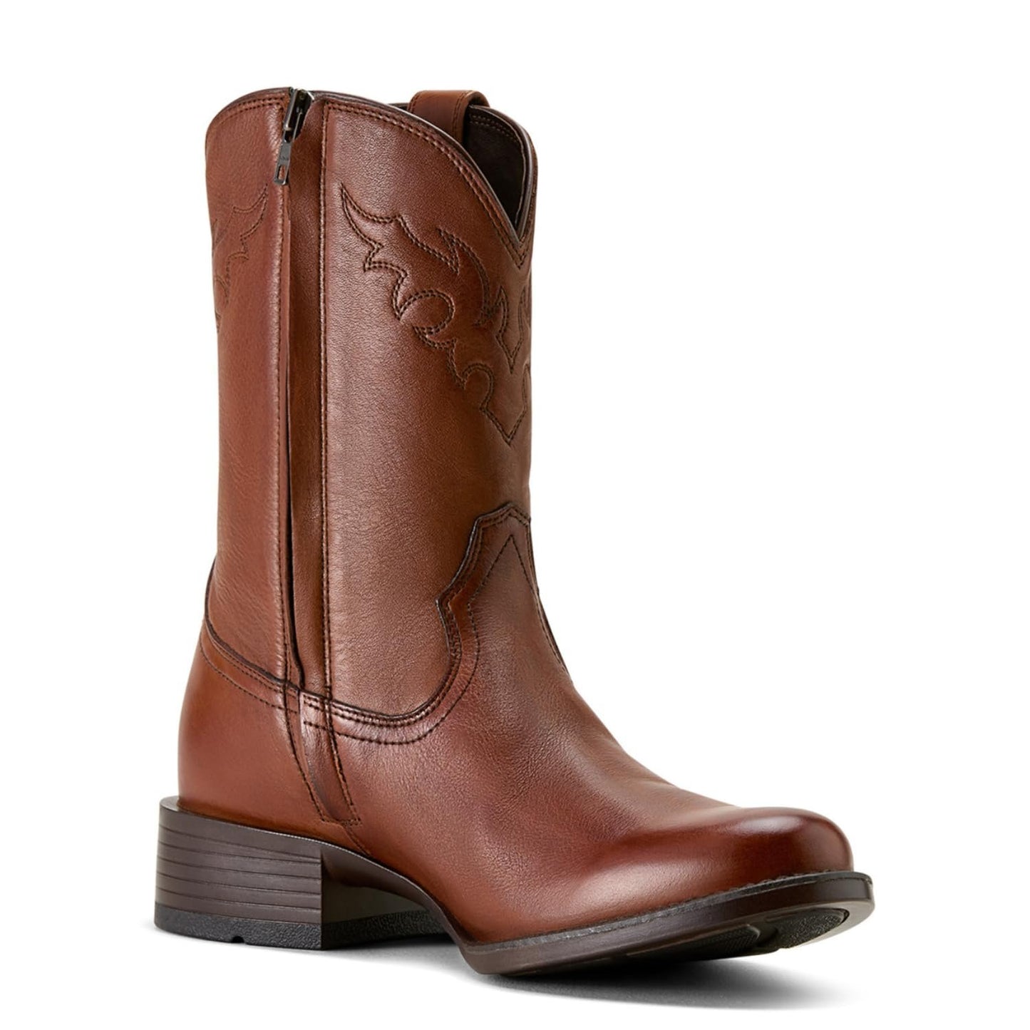 Brown leather cowboy boot on a white background