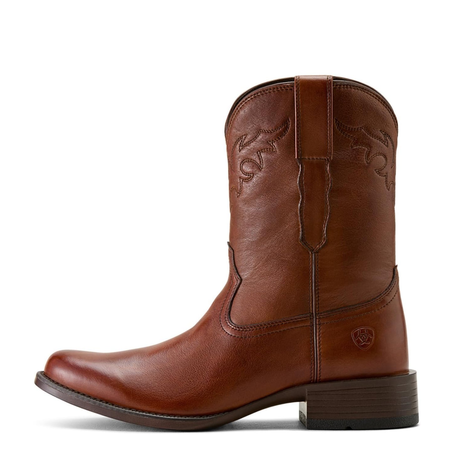 Brown leather cowboy boot on a white background
