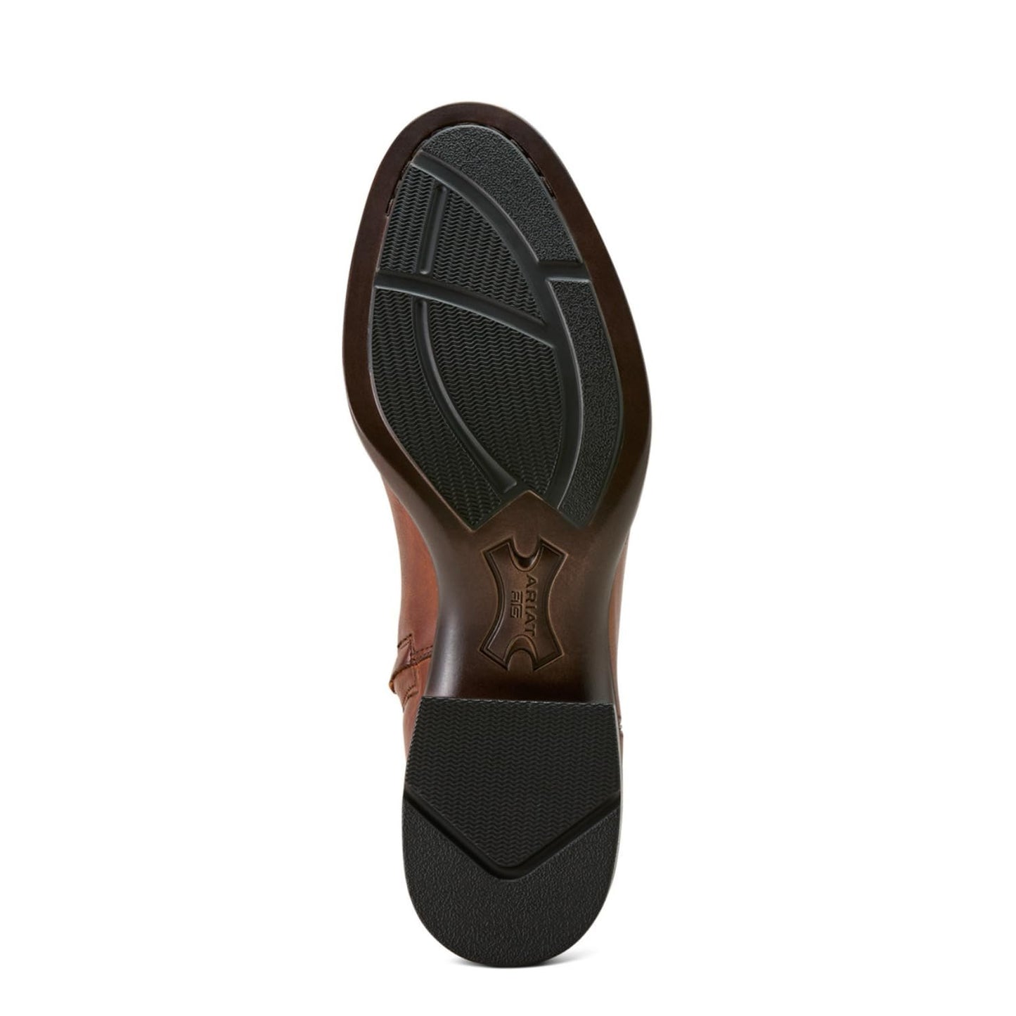 Close-up of a brown leather shoe sole with black rubber outsole on a white background