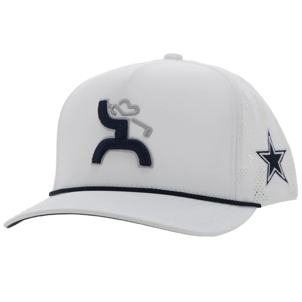 White cap with black logo and star on a white background