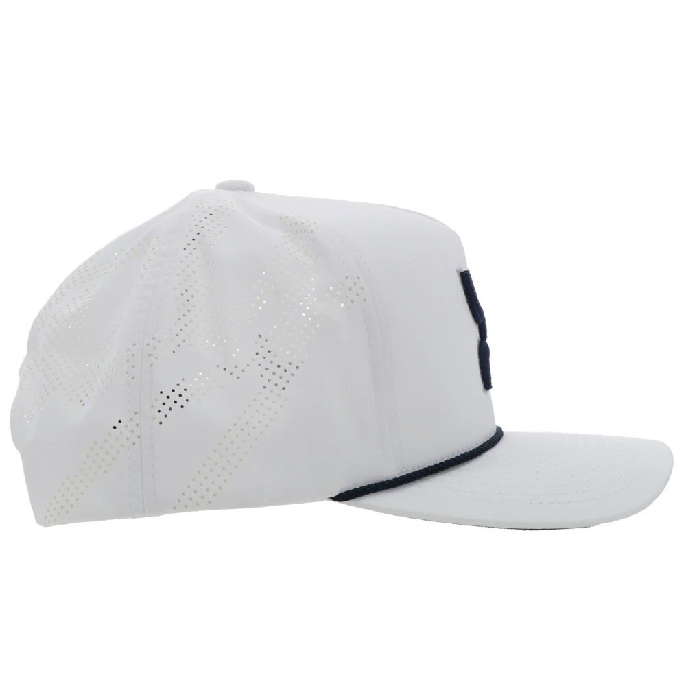 White cap with black brim on a white background