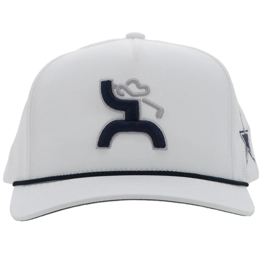 White cap with a dark blue logo on a white background