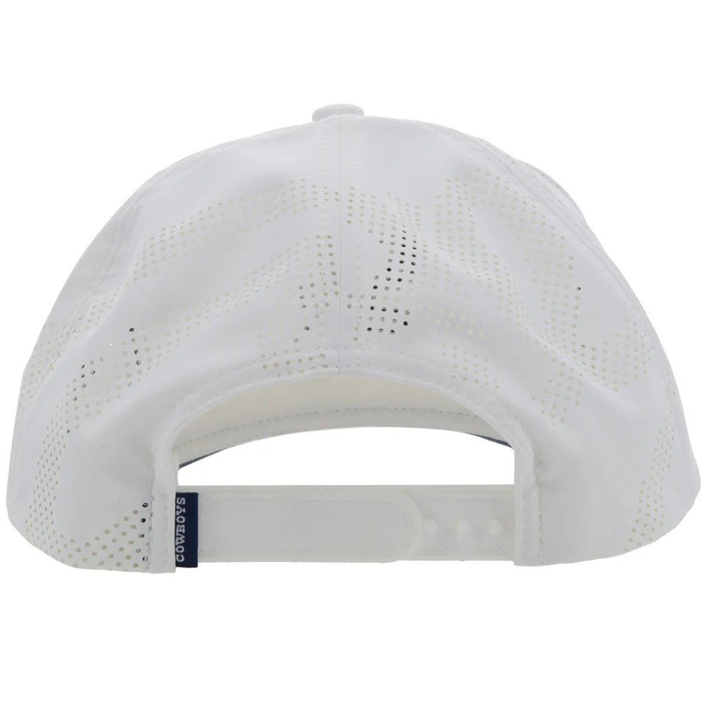 White baseball cap with a brand logo on the back against a white background