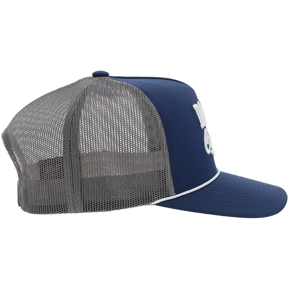 Blue and gray mesh cap on a white background