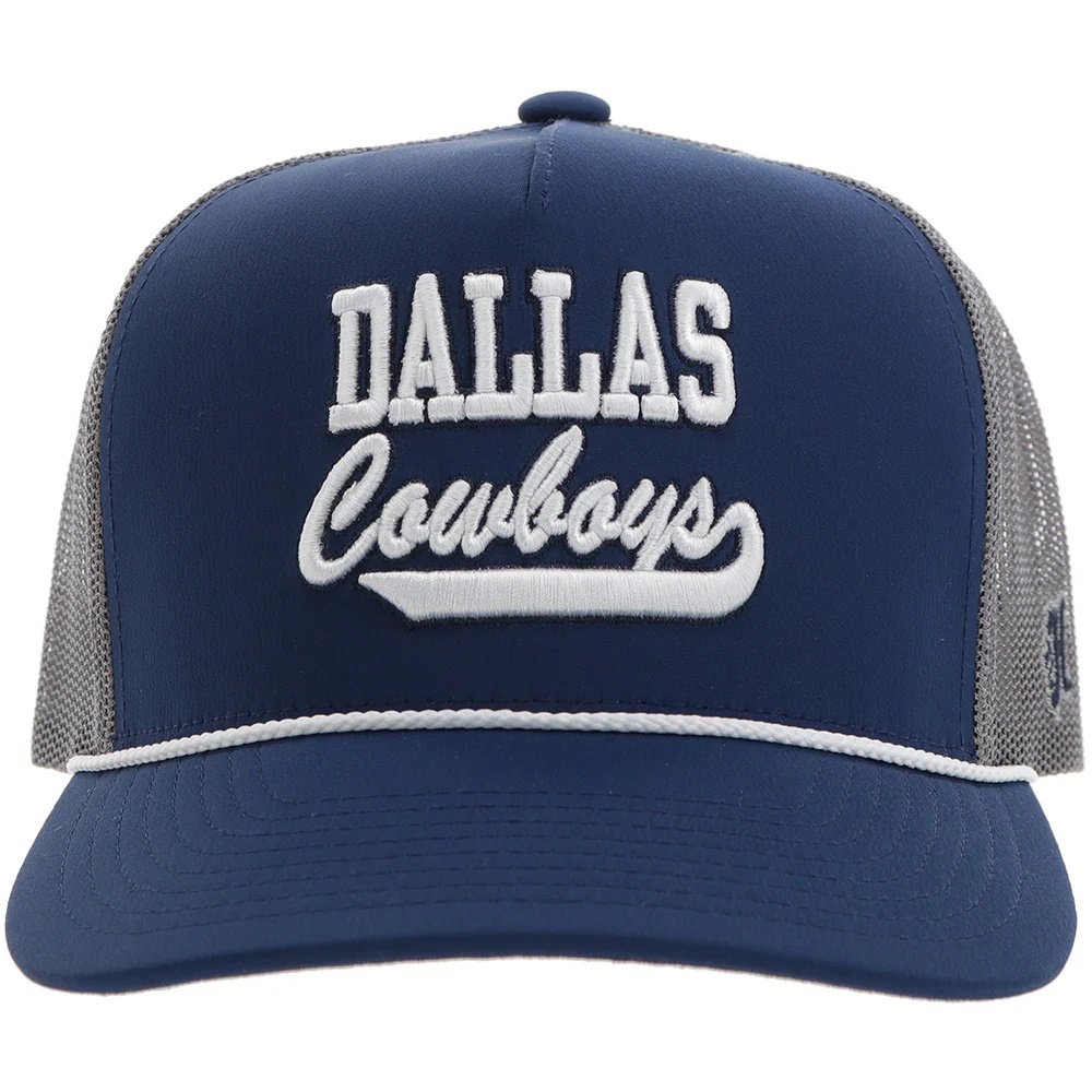 Navy blue and gray cap with 'Dallas Cowboys' text on a white background
