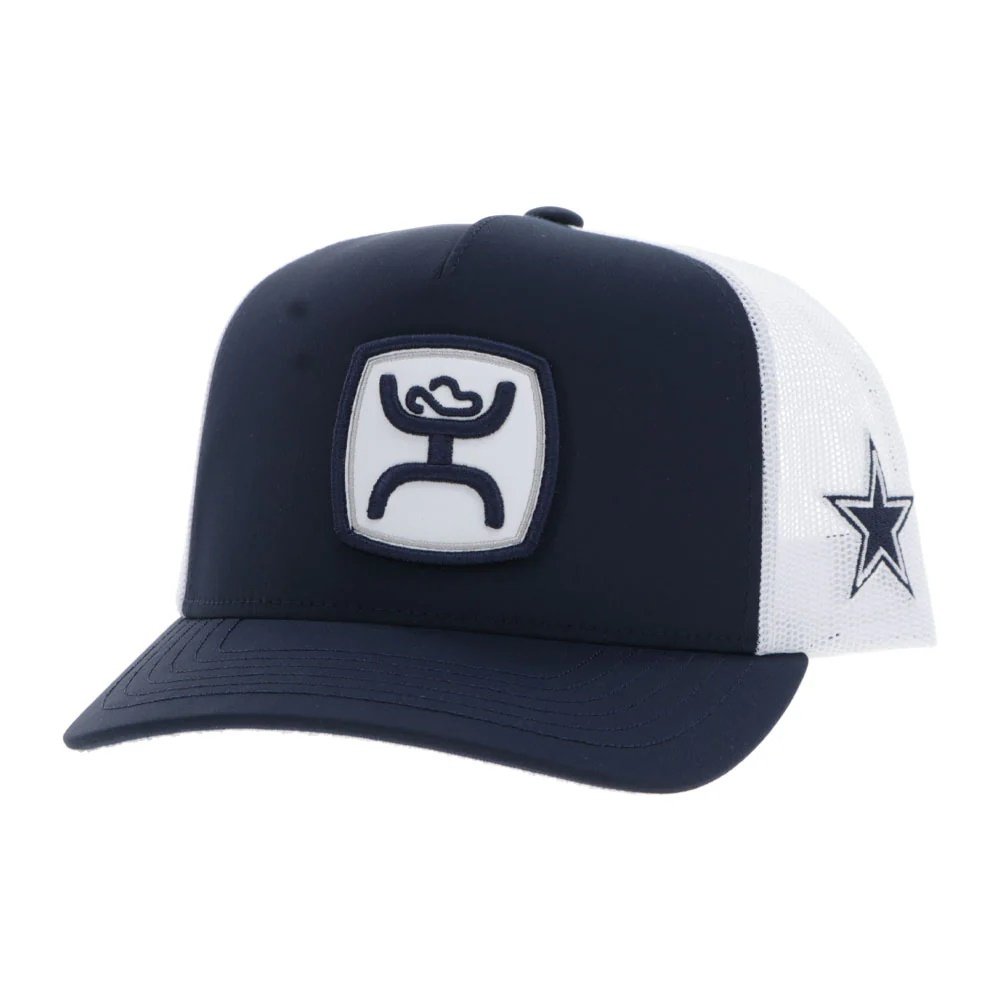 Navy and white cap with a logo on a white background