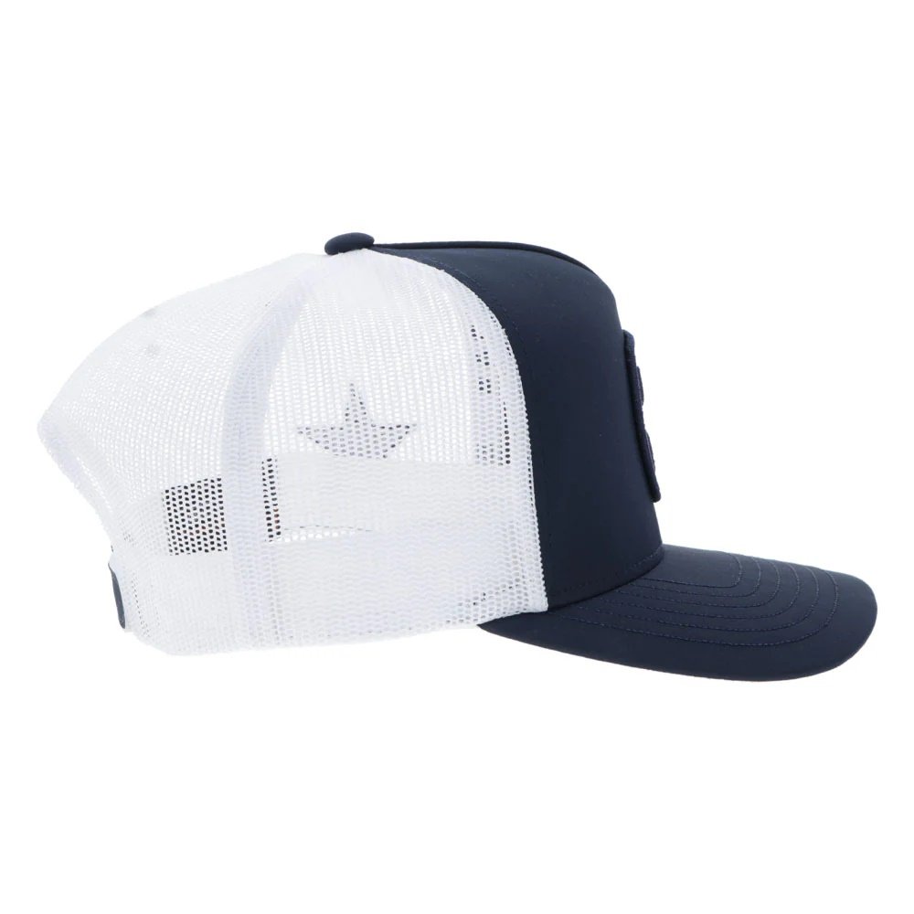 Two-tone white and navy trucker hat on a white background