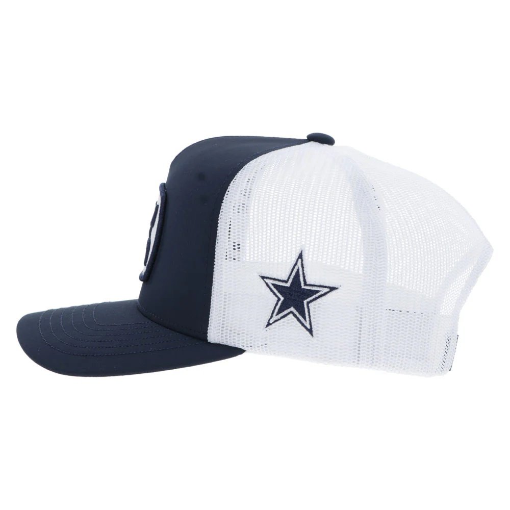 Navy and white trucker hat with a star logo on a white background
