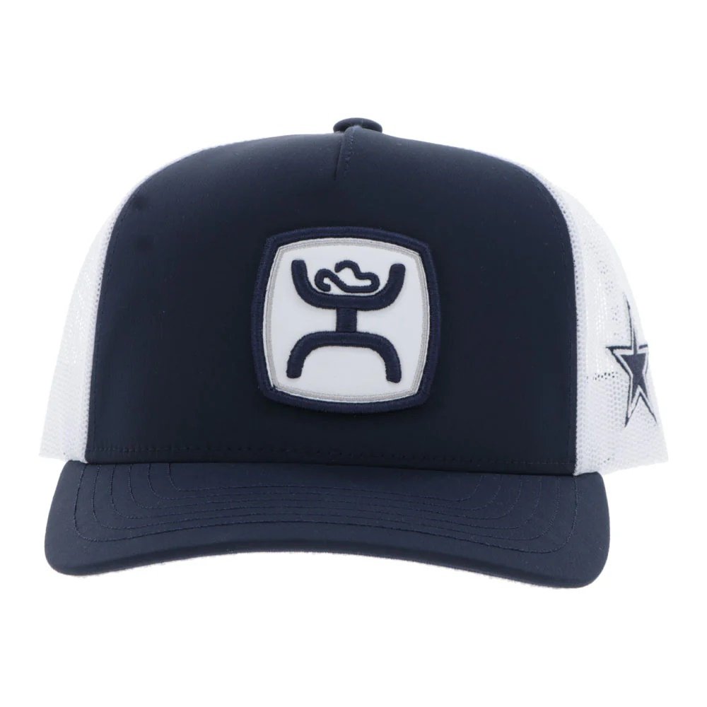 Navy and white cap with a logo on a white background