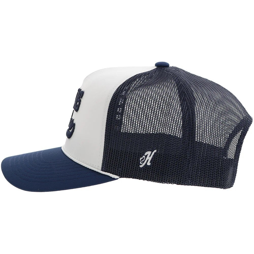 Navy and white trucker cap with mesh back on a white background