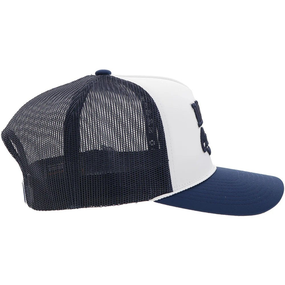 Black and white trucker cap with mesh back on a white background