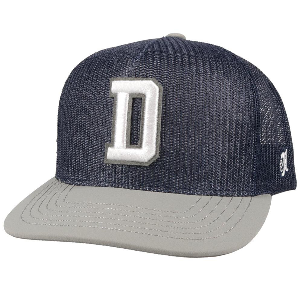 Navy and gray cap with a white logo on a white background