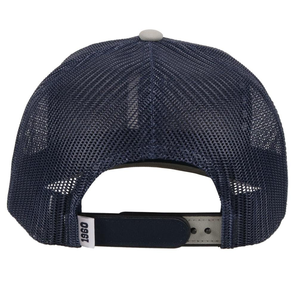 Navy blue mesh cap with a brand logo on the back on a white background
