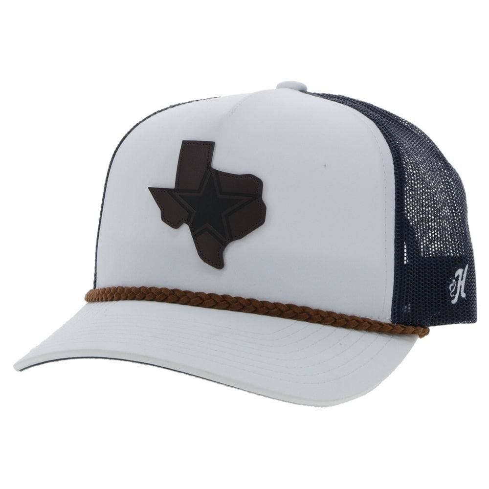 White trucker cap with black Texas shape logo, brown brim, and mesh back on a white background