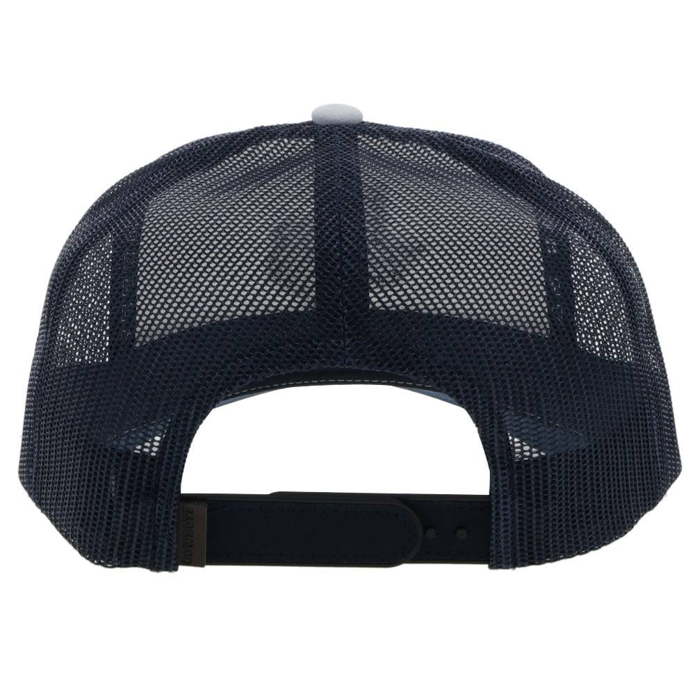 Navy blue mesh cap with a black strap on a white background