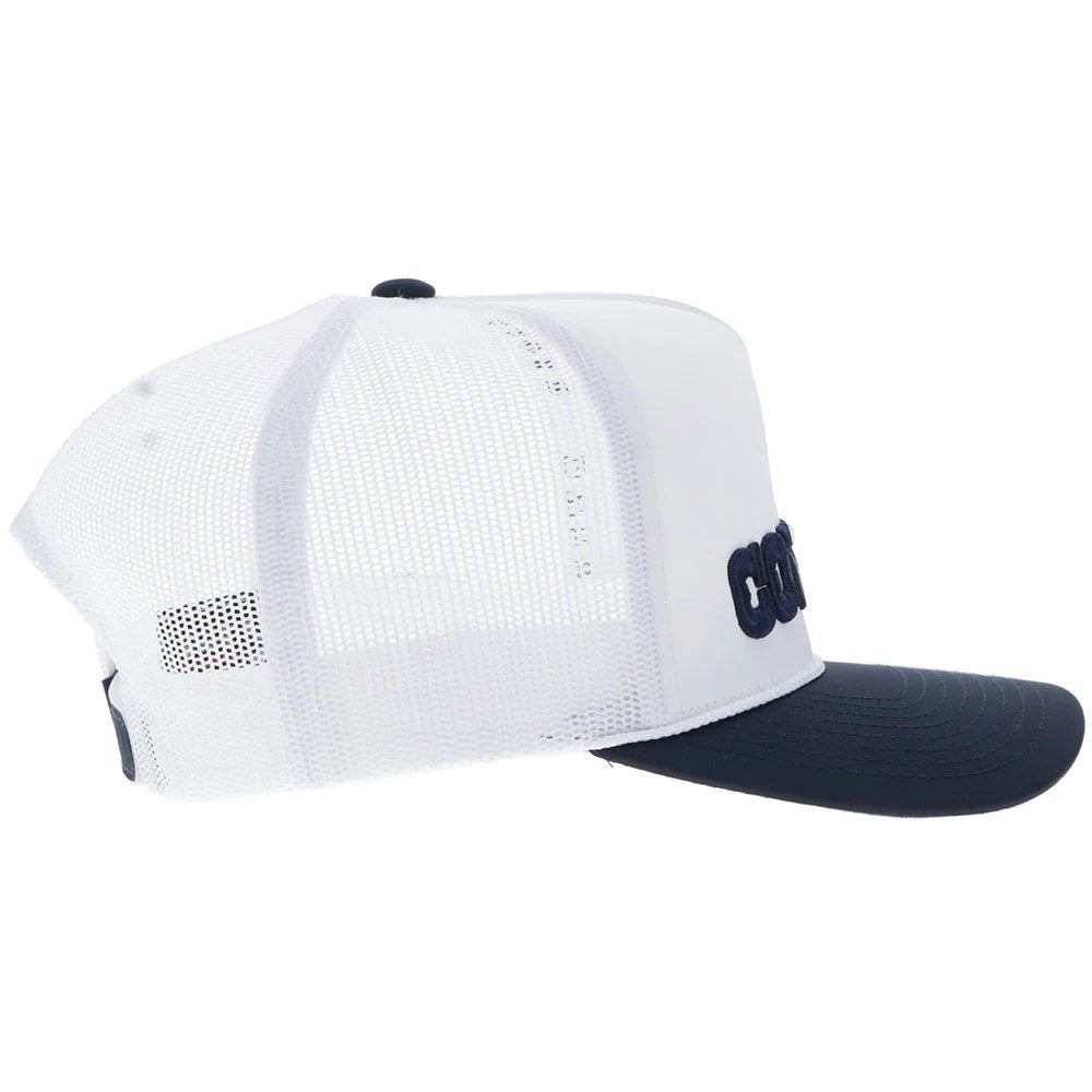 White and navy cap with a logo on a white background