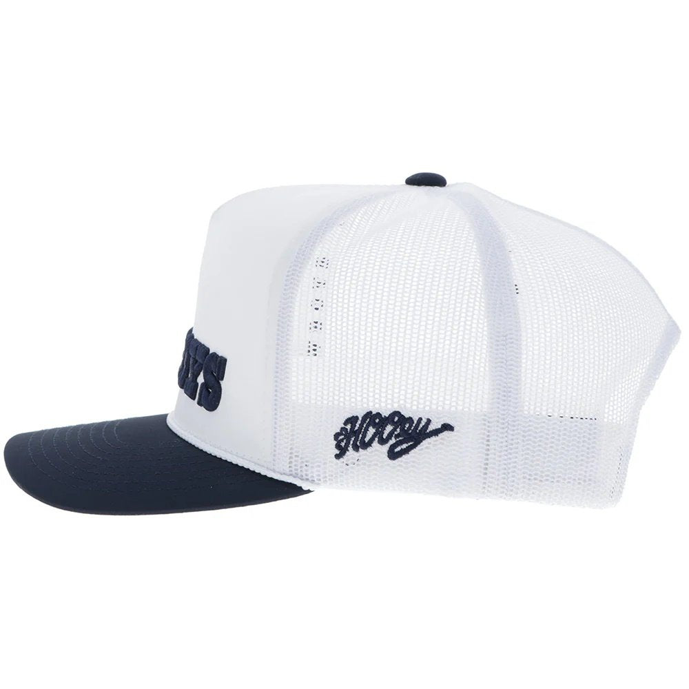 White and navy cap with 'HOOey' branding on a white background