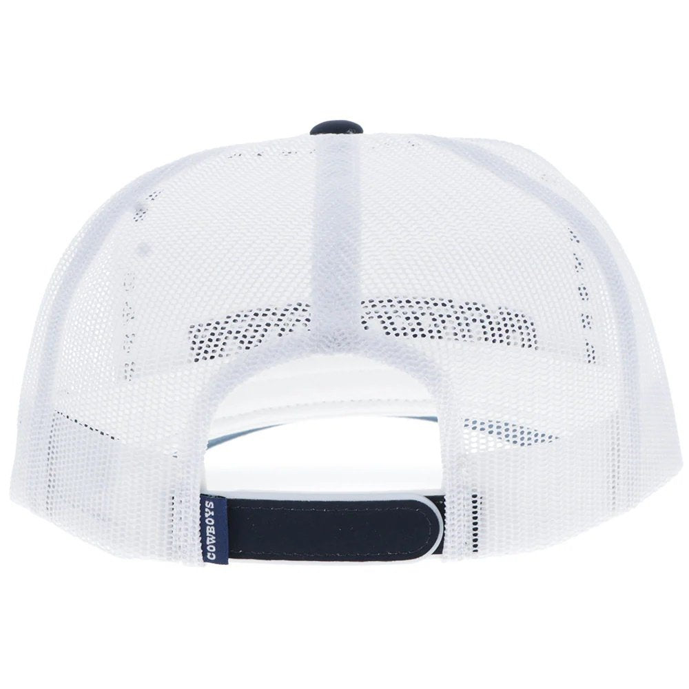 White mesh cap with black strap on a white background