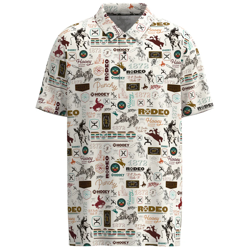 Short-sleeve shirt with a detailed rodeo-themed pattern on a white background