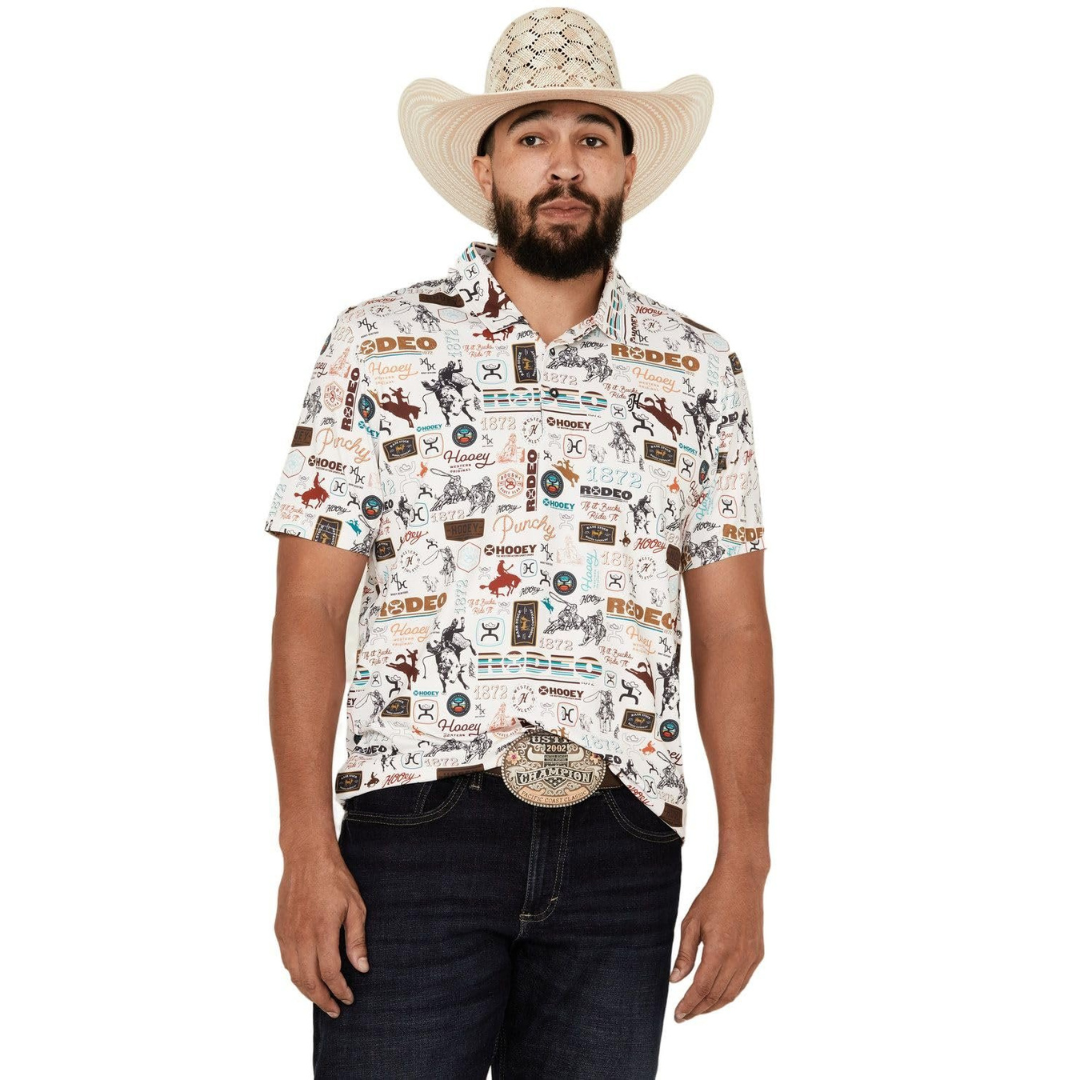Man wearing a patterned shirt and cowboy hat on a white background