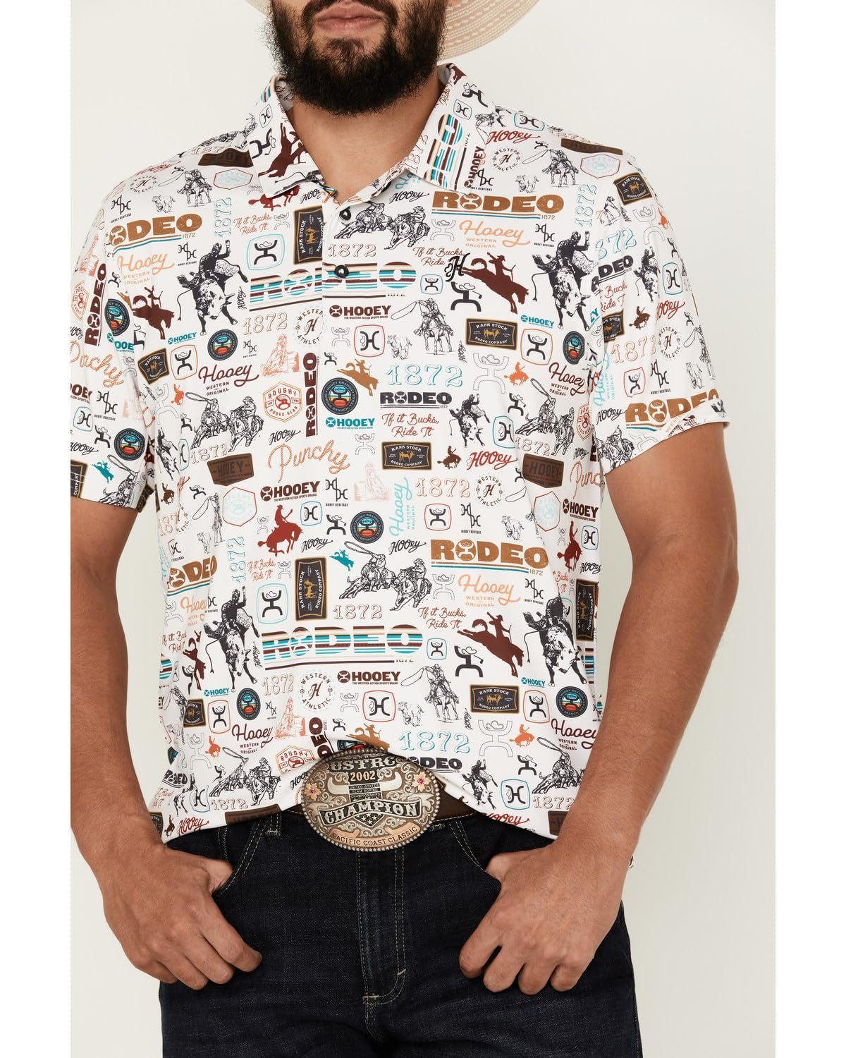 Man wearing a patterned shirt with 'rodeo' text and graphics on a white background