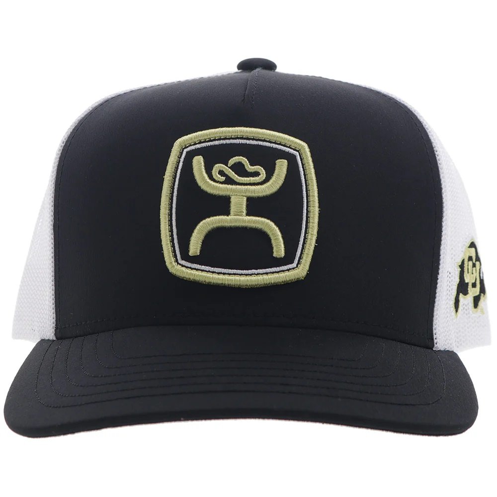 Black and white cap with a logo on a white background
