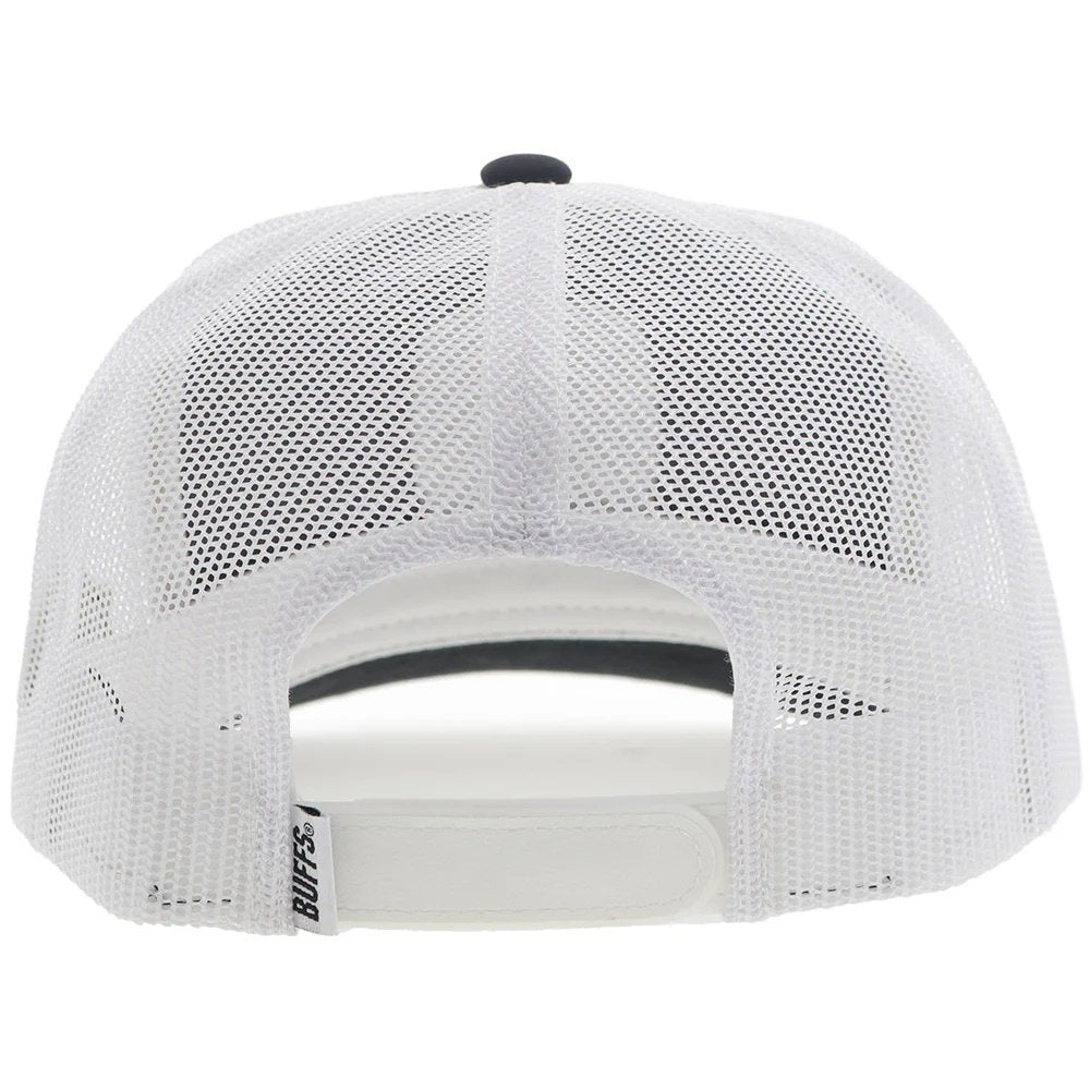 White mesh cap with black brim on a white background
