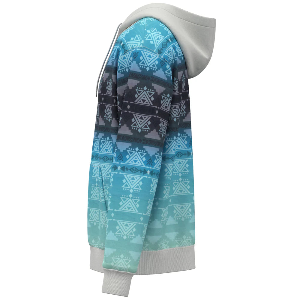 Hoodie with blue geometric pattern on a white background