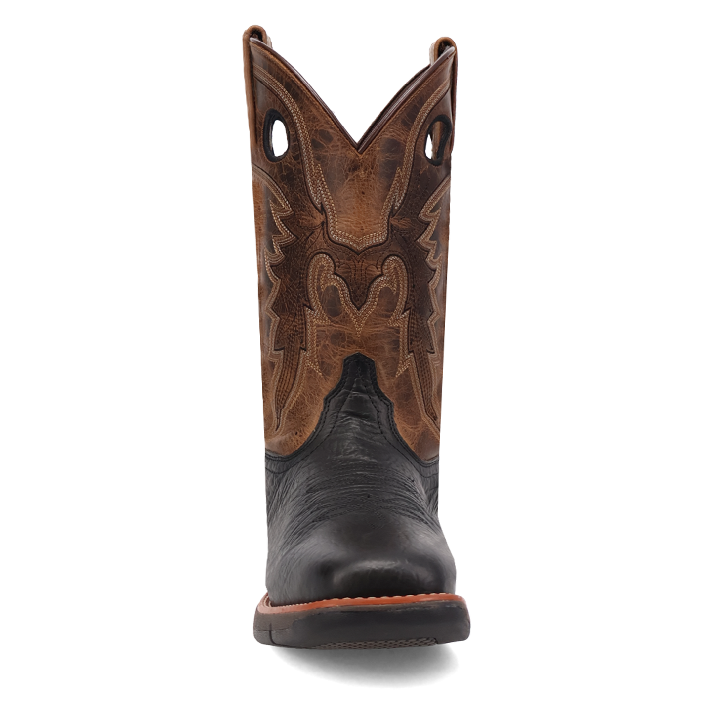 Brown and black cowboy boot on a white background
