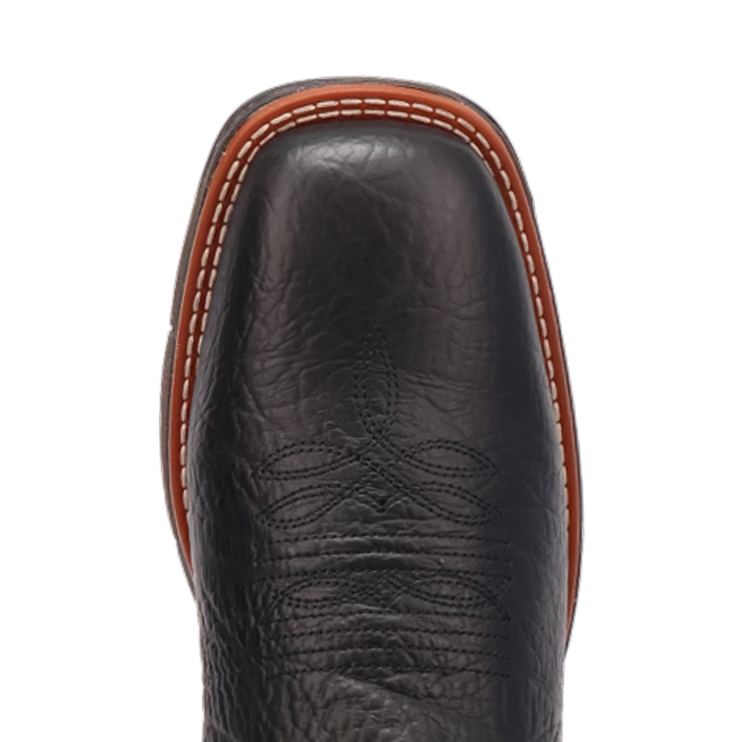 Close-up of a black leather boot with brown stitching on a white background