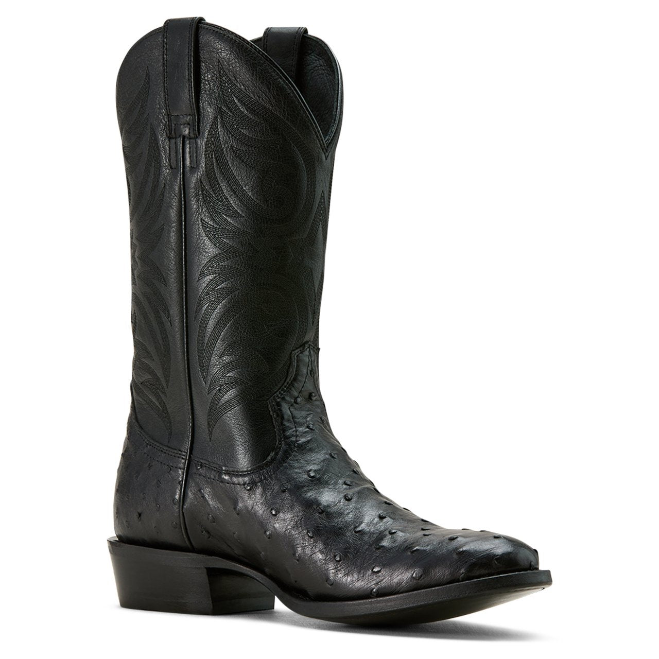 Front side view of Ariat Men's Vesper R Toe Cowboy Boot, Black Full Quill Ostrich