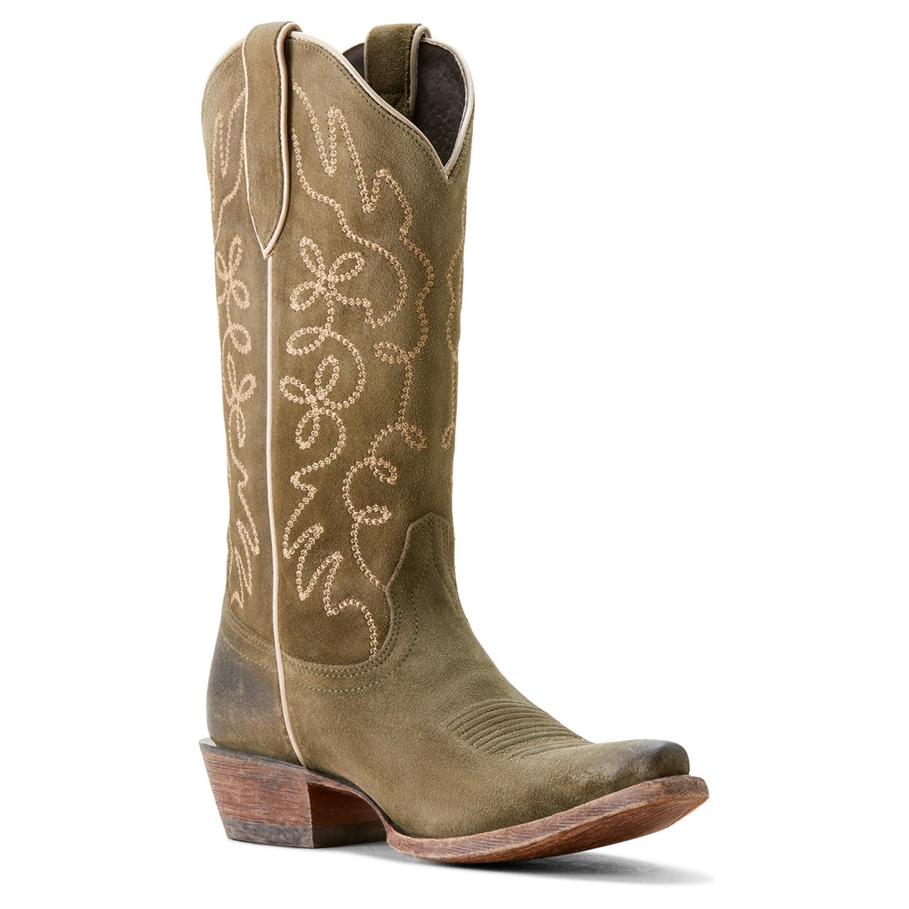Front Angled View of Ariat Women's Jukebox Western Boot in Soft Olive Suede