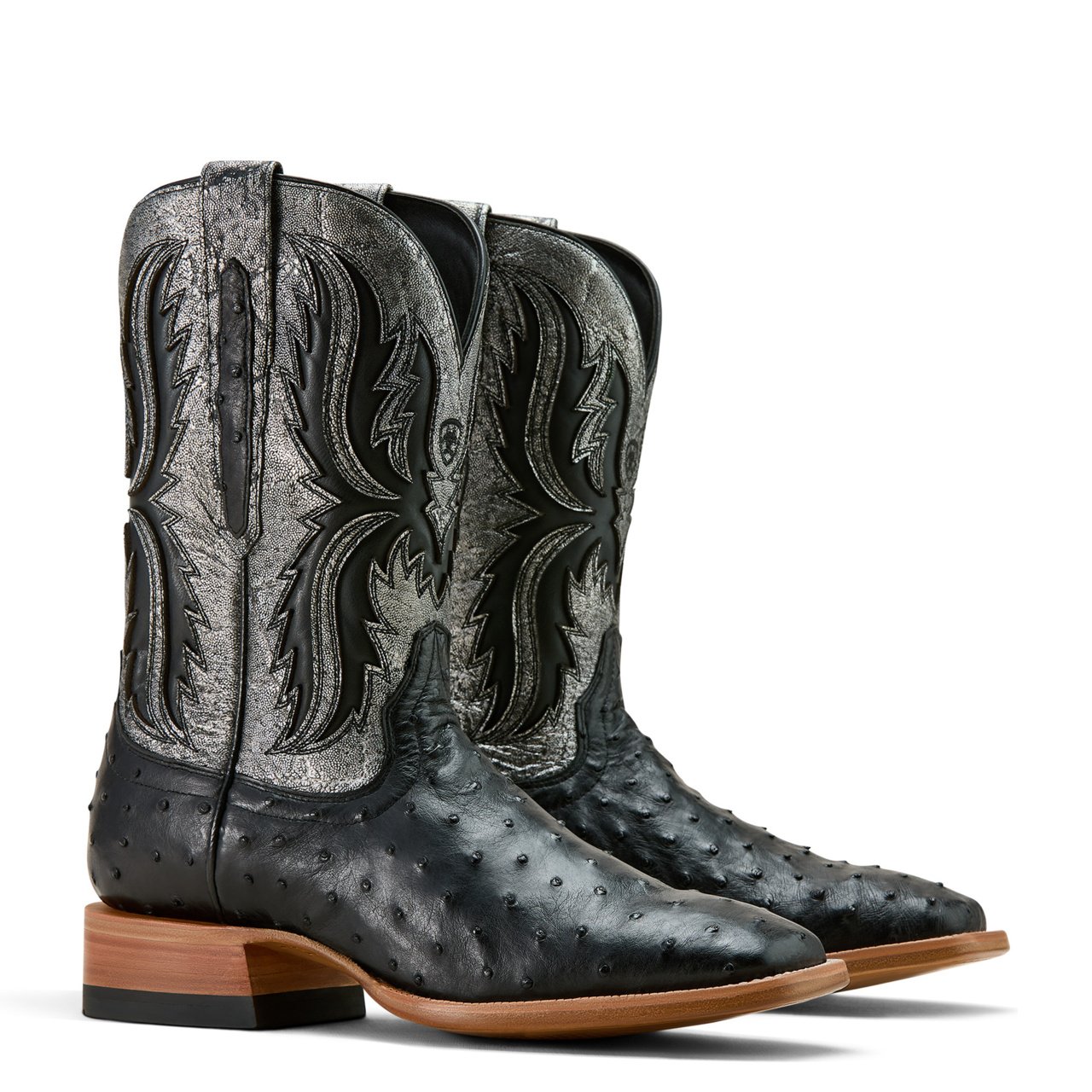 Pair of Ariat Men's Drifter Wide Square Toe Cowboy Boots, Black Full Quill Ostrich