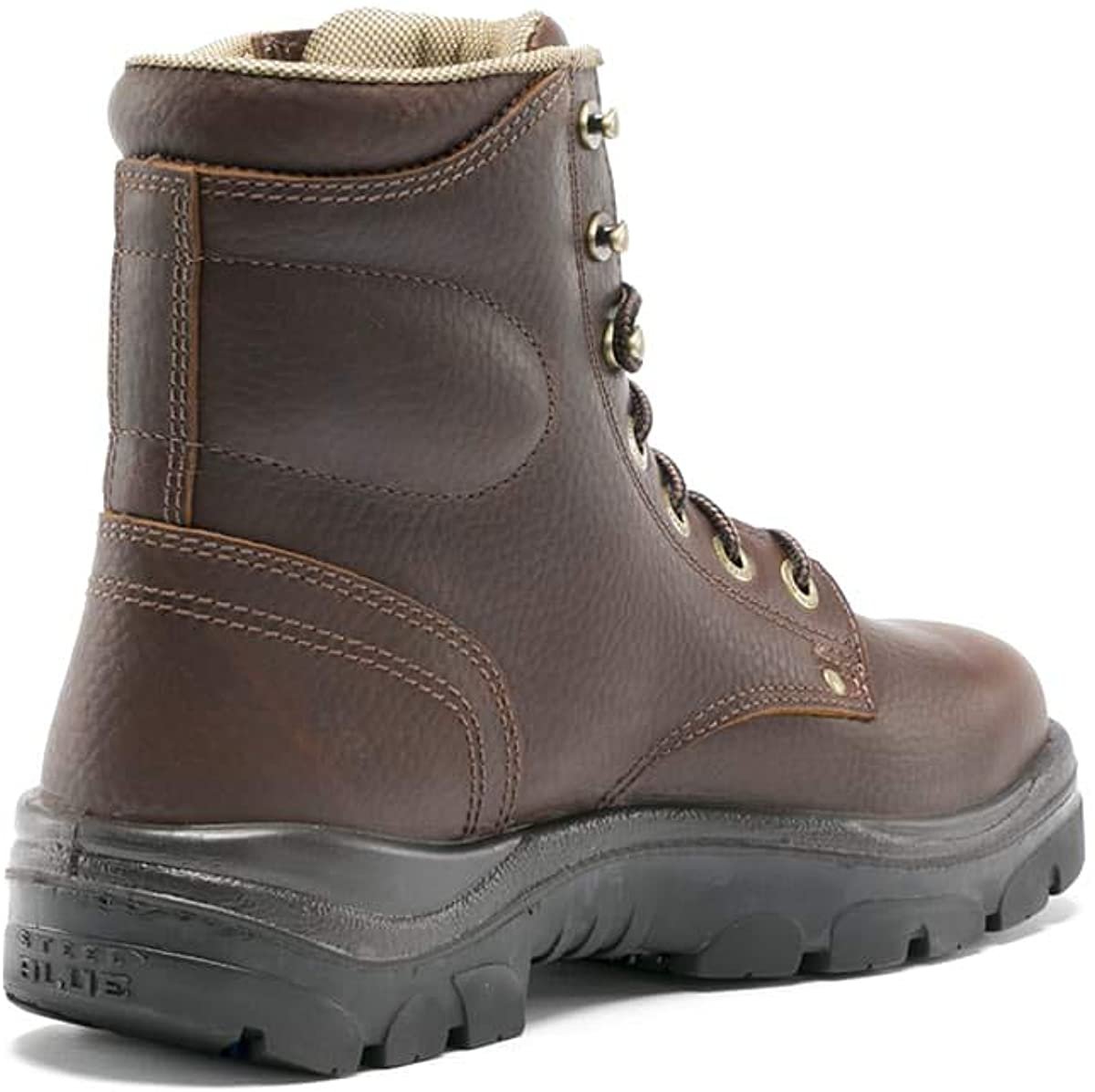 Angled Back View of Steel Blue Argyle: Soft Toe Safety Boot in Oak