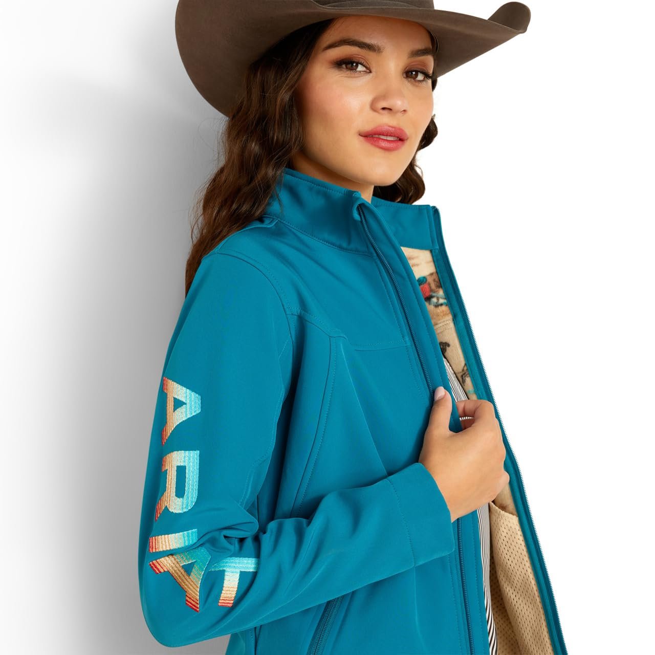 Close-up of Woman Wearing Ariat Women's Classic Team Softshell Brand Jacket