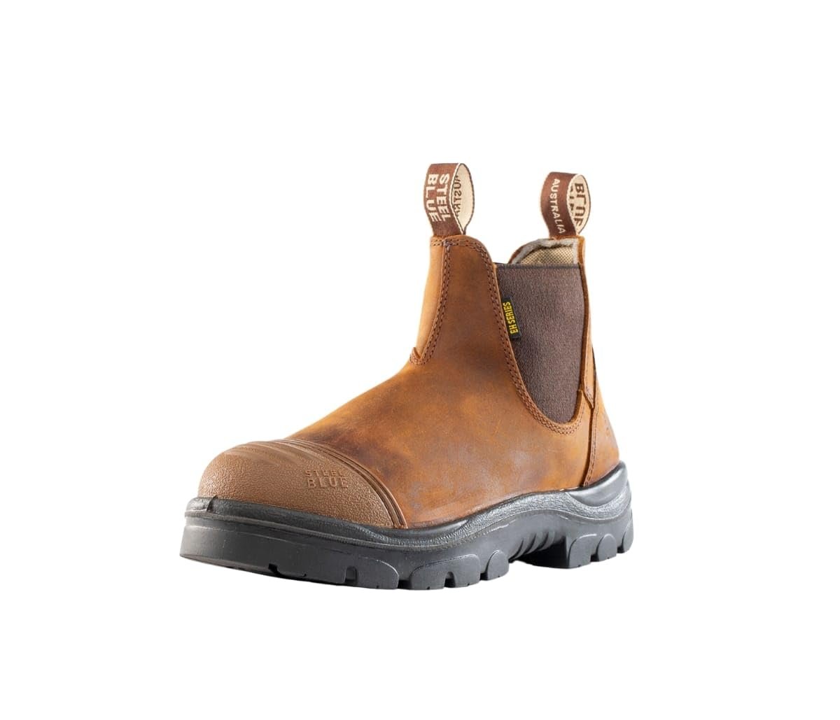 Front Angled View of Steel Blue Hobart: Scuff Cap Work Boot in Brown