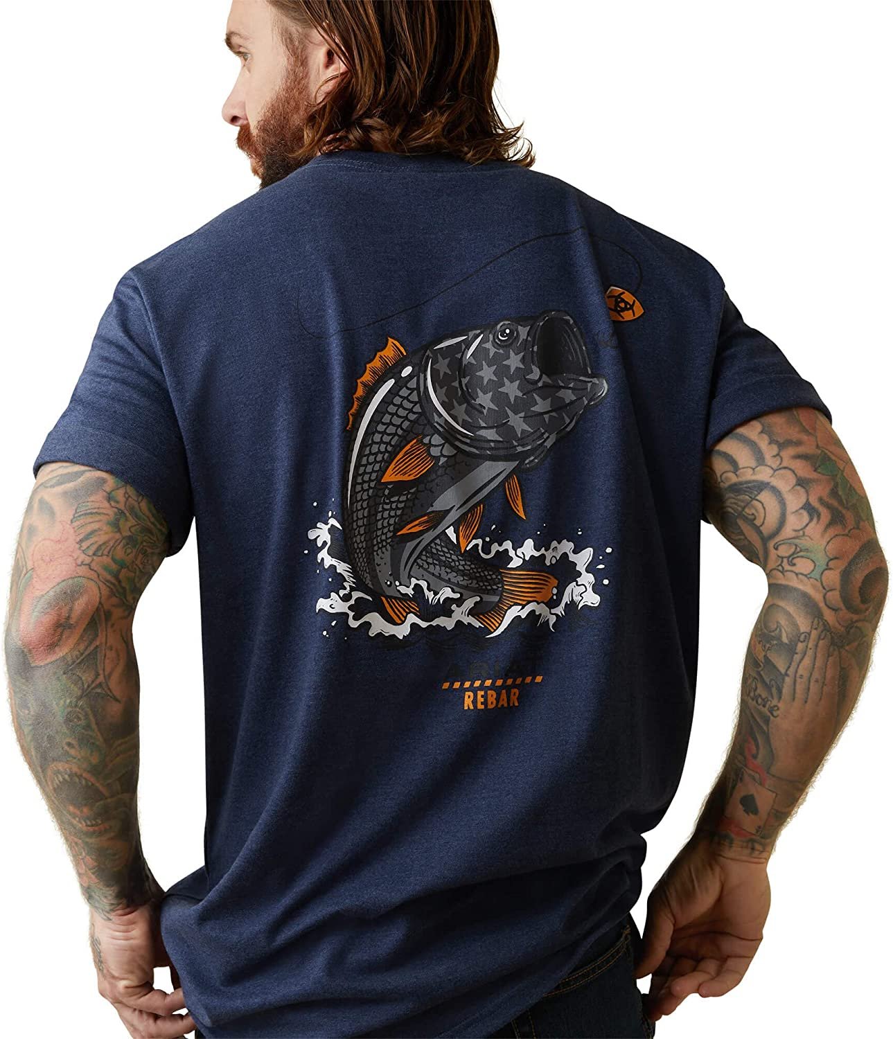 Back of Ariat Men's Rebar Cotton Strong American Bass T-Shirt in Navy Heather