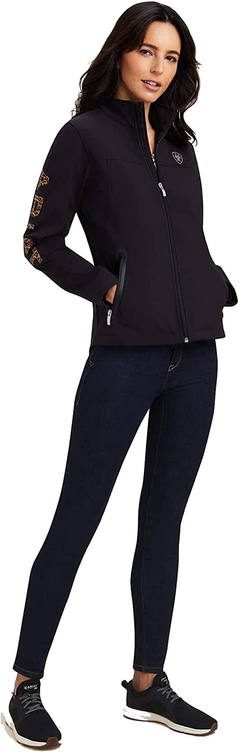 Woman Wearing Ariat Women's New Team Softshell Jacket in Black/Leopard