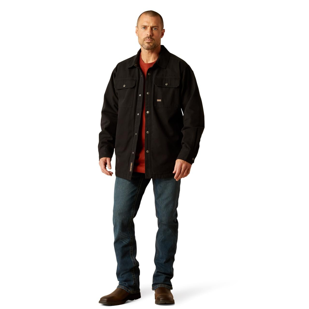 Man Wearing Ariat Men's Rebar Canvas Shirt Jacket in Black