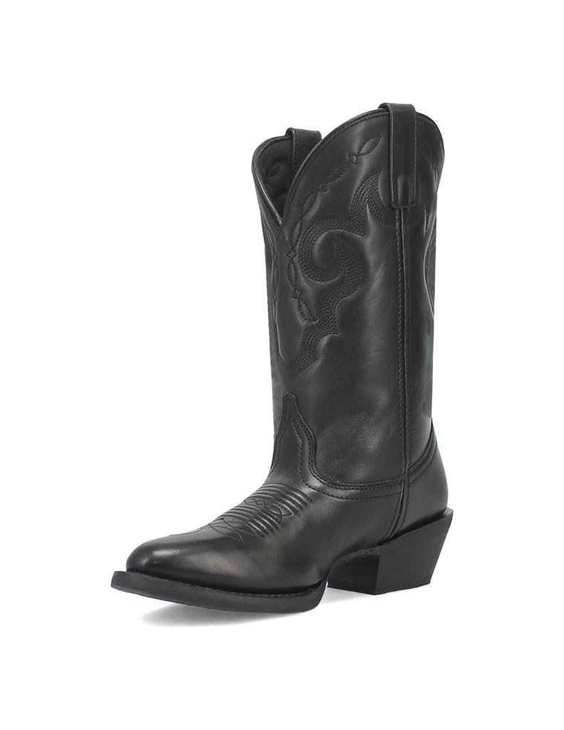 Three-quarter front view of a black Laredo Women’s Maxine Performance Western Boot, showing the round toe, embroidered shaft, and pull tabs at the top.