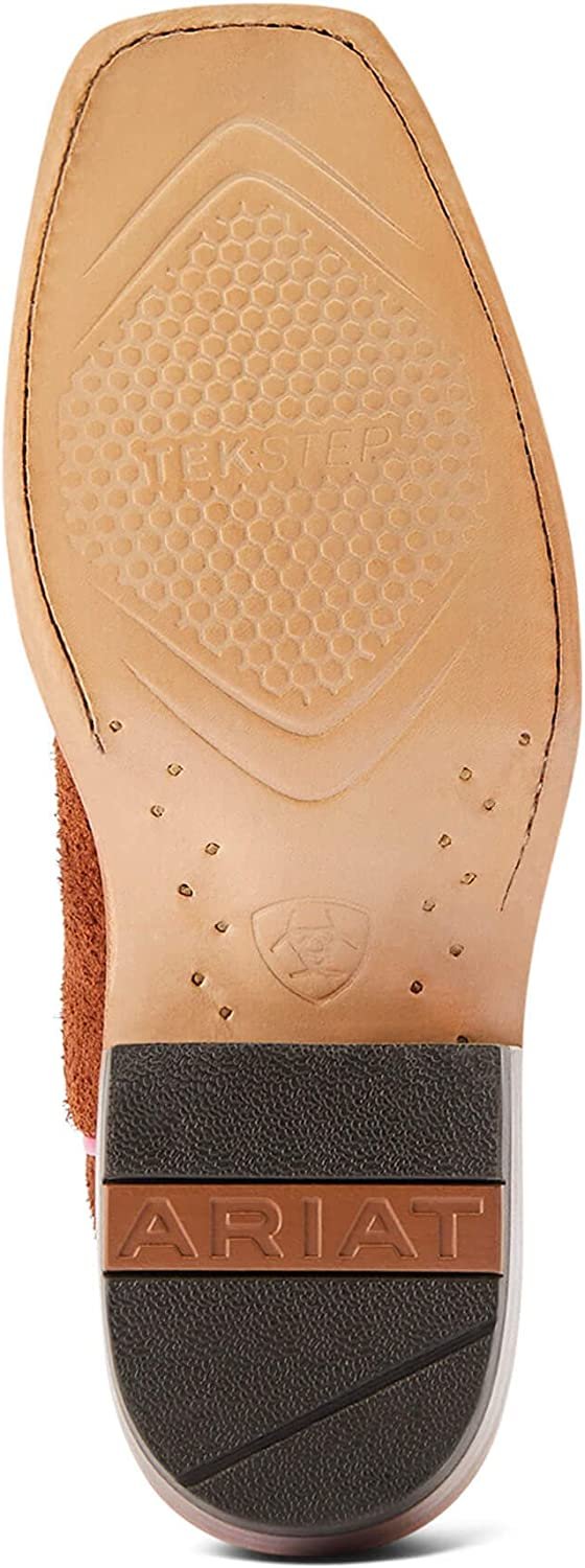 Outsole of Ariat Women's Futurity Boon Western Boot in Cognac Roughout/Electric Lime
