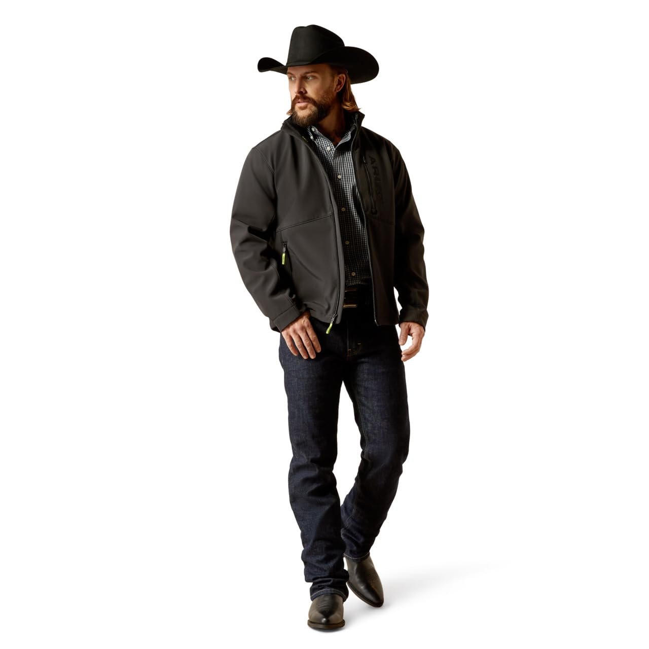 Man Wearing Ariat Men's Logan Softshell Jacket in Black