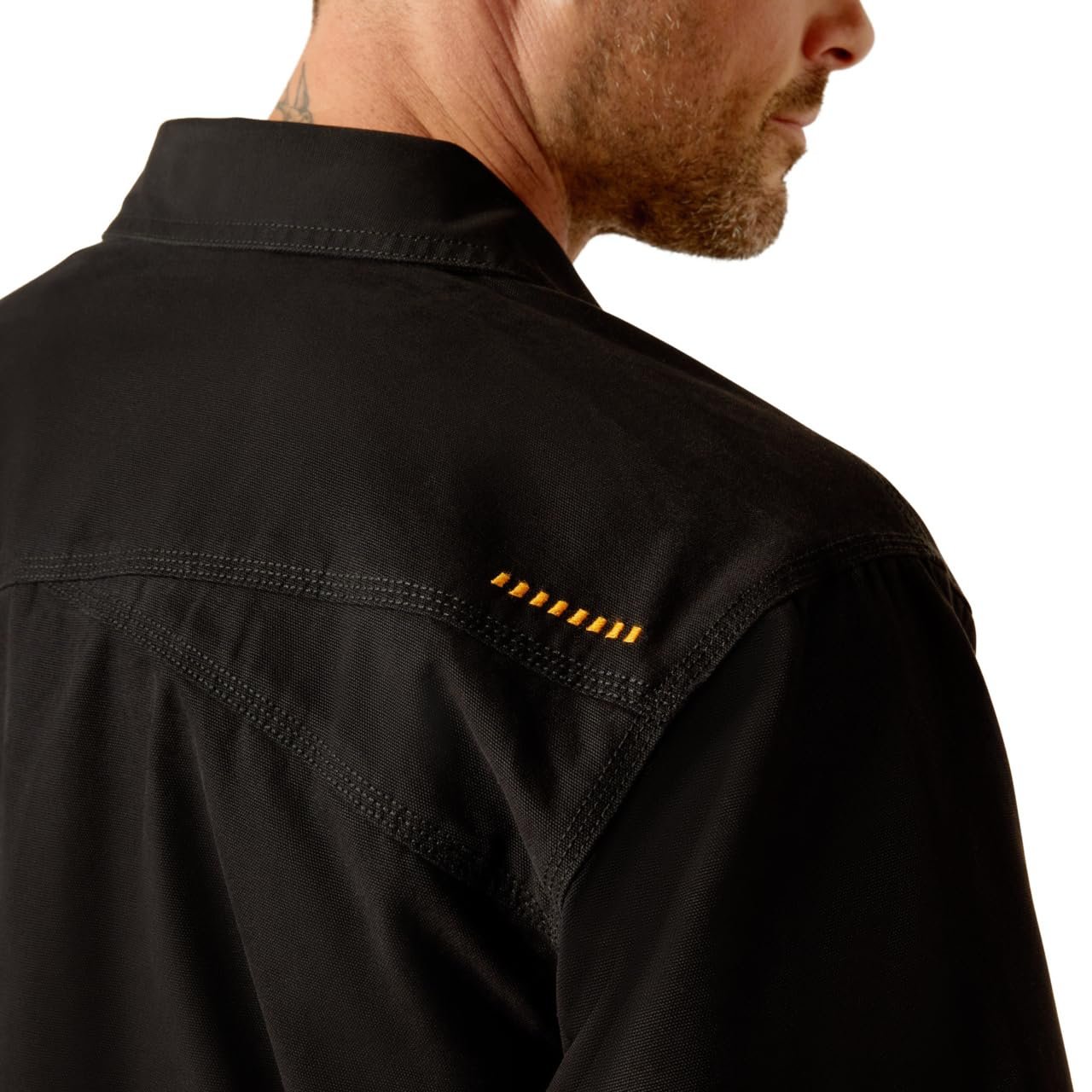 Close-up of Back Detail on Ariat Men's Rebar Canvas Shirt Jacket in Black