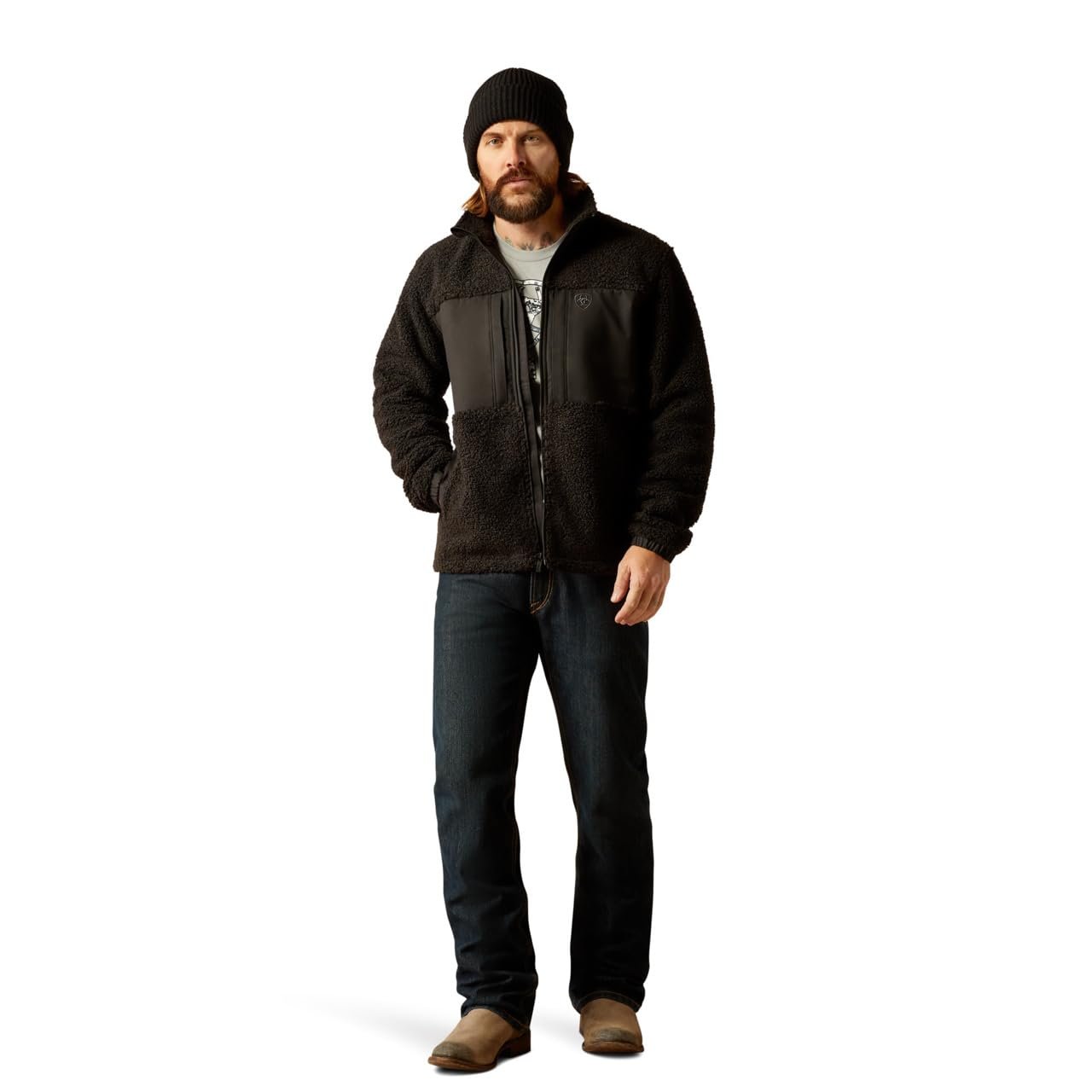 Man Wearing Ariat Men's Odessa Sherpa Jacket in Black
