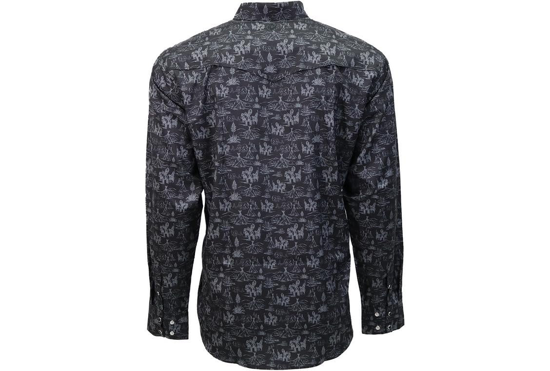 Back of HOOEY Men's Sol Long Sleeve Pearl Snap Shirt Black/Grey Comache Pattern
